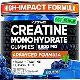 PURA WEX NUTRITION Creatine Monohydrate Gummies 8500mg Complex for Men & Women - Pre Workout Creatine Chews for Muscle Growth, Strength & Energy, Sugar Free, Vegan, Blueberry Flavor - 120 Count