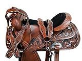 Barrel Saddle Western Horse Pleasure Floral Tooled Leather Rodeo Tack Cowboy Set 15 16 17 18 (Black Inlay Tooled, 15 Inches)