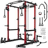 JELENS C12 Squat Rack for Home Gym, 2000LBS Power Rack with Adjustable Pulley System, Power Cage Workout Equipment with LAT Pulldown and Training Attachment (Red, C12 Squat Rack)