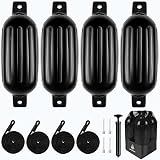 Dreizack Boat Fenders 4 Pack 6.5"x23", Boat Bumpers for Docking with 4 Ropes, Inflatable Ribbed Marine Pontoon Boat Fender Bumper for Docks with 1 Storage Bag, 1 Air Pump and 4 Needles, Black