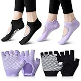 FHUIEWRY 2 Pairs Non Slip Yoga Gloves Socks Set, Women Fingerless Gym Gloves and Pilates Socks, Silicone Dot Grip Socks Sport Gloves for Fitness Exercise Hanging Yoga Cross Fit Cycling