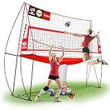 JOLORLY 2-in-1 Volleyball Practice Net Station with Patented 5-Height (6'6'' to 8'), Heavy Duty Training System for Hitting Spiking Serving, Backyard Indoor Outdoor Trainer Equipment (12x11 ft Red)
