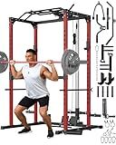 GarveeLife Power Cage, Power Racks for Home Gym with Pulley System, 1200 LBS Weight Capacity Multi-Functional Squat Rack for Strength Workout with More Training Attachment (Red D1002)