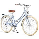 AVASTA 26 Inch Hybrid Bike, Lightweight Step-Through Hi-Ten Steel Frame for City Commuting, 6 Speed Comfort Bicycle with Light in Elegant Blue with Stylish Beige Tires for Woman Female