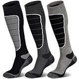 Hylaea Merino Wool Ski Socks, Cold Weather Socks for Snowboarding, Snow, Winter, Thermal Knee-high Warm Socks, Hunting, Outdoor Sports (3 Pairs (Black Grey Grey), Large)