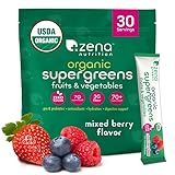 Zena Nutrition Organic Super Greens Powder, 70+ Superfoods, 0 Sugar, 3G Fiber, Spirulina, Chlorella, Antioxidants, Prebiotics/Probiotics, Digestive Enzymes, Mixed Berry, 30 Drink Mix Packets