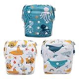 Babygoal Baby Swim Diapers 3 Pack for 0-8 Months Infant Girls and Boys, Reusable Adjustable Washable for Swimming Lessons-Shark & Octopus