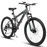 Sianzenon 24&26 Inch Full Suspension Mountain Bike for Adults, 21-Speed, High Carbon Steel Frame, Dual Mechanical Disc Brakes, All-Terrain Bicycle for Men & Women (Gray, 26 inch)