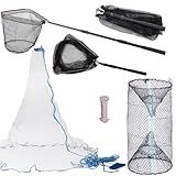3 Pcs Foldable Fishing Net Accessories :Fishing Cast Net with Heavy Duty Real Zinc Sinker Weights丨 Fishing Landing Net with Telescoping Pole Handle 丨Crab Crayfish Shrimp Crab Trap