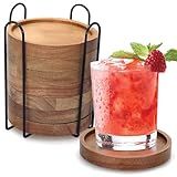 Rustic Wooden Coasters Set of 8 Farmhouse Coffee Table Decor Acacia Wood Drink Coaster with Holder Modern Outdoor Bar Cool Cup Costers Kitchen Accessories Decoration Home Dining Coasters Gift
