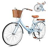kaiwrxin 26 Inch Folding Beach Cruiser Bike for Women, 7-Speed Ladies Bike with Basket & Rack, Perfect for City Commuting's Bicycle, Ideal for Women and Adults (Blue, 26")
