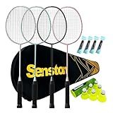 Senston Professional Badminton Rackets Set for Backyard - 4 Carbon Fiber Badminton Racket, 6 Birdies, 4 Grips & Carrying Bag for Adult Family Beginner Outdoor Game | 90g Lightweight
