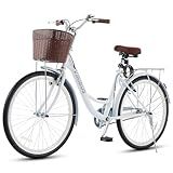 VIRIBUS Beach Cruiser Bike for Women, 1 Speed Step Through Bike 24 inch for Adults Seniors Female Ladies with Basket & Rack, Womens Bike Cruiser for City Commuter, Adult Bicycles Retro Milk White