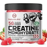 Natures Aid Creatine Monohydrate Gummies (5g) – Pre-Workout Energy & Muscle Growth Support for Men & Women | Strawberry Electrolyte Gummies (135 Count)