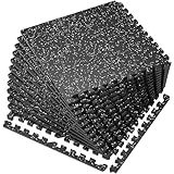 SUPERJARE 0.56'' Thick 12 Pcs 48 Sq Ft Rubber Top Exercise Equipment Mats, High Density EVA Foam Mats with Rubber Top, Interlocking Gym Flooring for Home Gym, Protective Workout Mat, Black/Grey