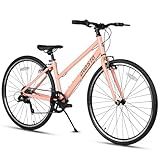 AVASTA Road Hybrid Bike for Women Female Lightweight Step Through 700c Aluminum Alloy Frame City Commuter Comfort Lady Bicycle, 7-Speed Drivetrain, Peach