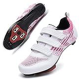Unisex Road Bike Cycling Shoes Compatible with Peloton Shimano SPD Bike Riding Shoes for Men Women, 3 Straps, Pre-Installed Delta Cleats for Indoor Outdoor Cycling Biking Size 7 (White-Pink)