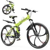 Outroad 26 Inch Mountain Bike,21-Speed Foldable Bike for Adult,Dual Suspension High-Carbon Steel MTB Foldable Bicycle,Dual Disc Brake Folding Bikes for Adult,Men and Women,LH-Green