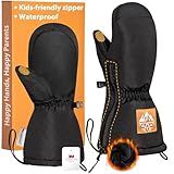 RIGWARL Waterproof Kids Snow Ski Mittens with Long Zipper Cuff, Warm Kid Ski Snow Gloves for Boys Girls with 3M Insulated, Anti-Slip Kid Winter Mittens for Skiing Skating Sledding Snowball Fight