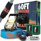Complete Ninja Slackline Kit - 60ft Long Slack Line for Backyard for Kids & Adults with Ratchet Straps, Wider Tree Protectors - Slackline Kit for Ninja Warrior Obstacle Course for Kids Outdoor Playset