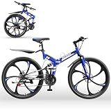 Outroad 26 Inch Folding Mountain Bike, 21 Speed Full Suspension High-Carbon Steel MTB Foldable Bicycle, Dual Disc Brake Non-Slip Adjustable Seat Folding Bikes for Adults/Men/Women, Blue