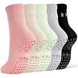 FITFEL 5 Pairs Pilates Socks Yoga Crew Socks with Grips for Women Non Slip