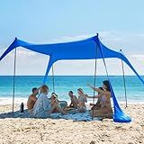 AMMSUN Beach Tent Sun Shelter, 11x11 FT Beach Canopy Tent Sun Shade with 4 Sand Anchor & Sand Bags | UPF 50+ Protection | 4 Thickened Poles | Windproof & Lightweight for Camping, Blue