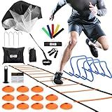 GHB Agility Ladder,Football Training Equipment Set,4 Agility Hurdles, 20 feet12 Rungs Speed Ladder,12 Disc Cones,Resistance Parachute, Jump Rope, 4 Resistance Bands (Orange)