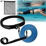 WONEWTH Swim Tether Belt Stationary Swimming,2M Pool Swim Bungee Cords Resistance Band, Swim Trainer Harness Belts for Adults Exercise (Black)