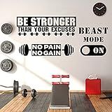 Zonon 3 Pieces Gym Wall Decal, Be Stronger Than Your Excuses, No Pain No Gain Beast Mode Inspirational Quotes Vinyl Wall Art Fitness Exercise Wall Sticker for Gym Office Home Decor