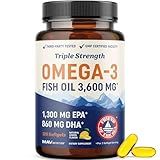 Triple Strength DHA Omega 3 Fish Oil 3600 mg | Over 2100mg Omega-3 Fatty Acids with 860mg of DHA | 1300mg EPA | Best Essential Fatty Acids | Premium Wild Caught & Burpless Fish Oil | 120 ct.