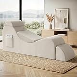 Yoga Chair Lounge for Adult, Ergonomic Foam Chaise Lounge Chair Indoor with Side Pocket, Headrest, Waist Pad, Ottoman, Perfect for Stretching, Massage, and Relaxation, No Assembly Required(Beige)
