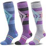 Welwoos Merino Wool Ski Socks for Womens Mens Thermal Winter Warm Thick Knee High Gift Sock Stocking Stuffers for Skiing Outdoor Sports Snowboarding 3 Pairs (Blue/Purple/Grey B,M)