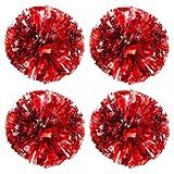 TTSAM 4 Pack (2 Pair) Metallic Foil Cheerleader Pom Poms & Plastic Ring Cheer Poms with Baton Handle Cheerleading Pompoms for Sports Party Dance Team Accessories Cheering Squad Spirit (Red & Silver)