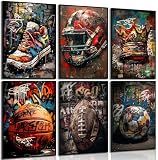 Sports Graffiti Wall Art, Basketball Football Wall Decor, Set of 6,8x10 in