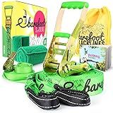 Barefoot Slackline Kit 60ft (18m) Complete Set Including, Ratchet, Training Line, Bark Protectors & Instructions! Designed for Both Kids & Adults - 3 Colors Available (Neon Green)