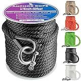 Premium Anchor Rope 50 ft x 3/8 inch, Solid Braid MFP Anchor Line Boat Rope with Thimble & Shackle - Black