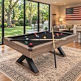 84" Pool Table with Rustic Grey Finish, X-Shaped Legs, Black Cloth, Billiard Balls, Cues, & Accessories–Billiard Table for Adults, Game Room & Home Entertainment (Grey)