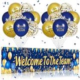 Blue Gold Welcome Team Banner Sign with 18 Balloons for Office Party Decor