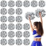 Yunsailing 24 Pack Cheerleading Pom with Baton Handle,Silver | 14.5 Inch Metallic Cheering Squad Pompoms for Team Sports Football Dance Cheering Adults