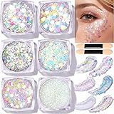 Teenitor Face Glitter Body Glitter, Clear White Body Glitter Gel, Hair Glitter Gel, 6 Shapes Rave Glitter, Mermaid Sequins Makeup Glitters Face Paint, Chunky Sparkling Glitter Gel for Women