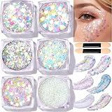 Teenitor Face Glitter Body Glitter, Clear White Body Glitter Gel, Hair Glitter Gel, 6 Shapes Rave Glitter, Mermaid Sequins Makeup Glitters Face Paint, Chunky Sparkling Glitter Gel for Women