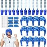 Realspring 124 Pcs Blue Accessories Team Spirit Bulk Team Spirit Week Include Foil Wig Fits Whistles Eye Black Sticker for Sporting Events Cheering Essentials
