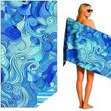 Puomue Microfiber Lightweight Beach Towel, 71 Inch X 32 Inch, Ultra Portable, Sand Free, Quick Dry, Thin and Large Size Towel for Travel, Camping, Swimming (Waves, 71“ X 32”)