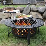 OutVue 36 Inch Fire Pit with 2 Grills,Wood Burning Fire Pits for Outside | Fire Pit with Lid, Poker & Round Waterproof Cover, BBQ& Outdoor Firepit & Round Metal Table 3 in 1 for Patio, Picnic, Party
