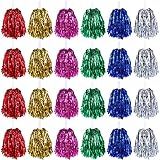 Chivao 24 Pcs Cheerleading Pom Poms, Metallic Foil Handle Cheer Squad Team Spirited Fun for Party, Sports Dance Cheer, 30 Grams Weight Each(Blue, Green, Gold, Silver, Red, Rose Red)